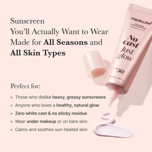 No Cast Just Glow Collagen Sunscreen | SPF 50 Broad Spectrum Face Sunscreen | Lightweight, Non-Sticky, Hydrating Formula | No White Cast or Residue | Peptide, Cica for Soothing & Natural Glow