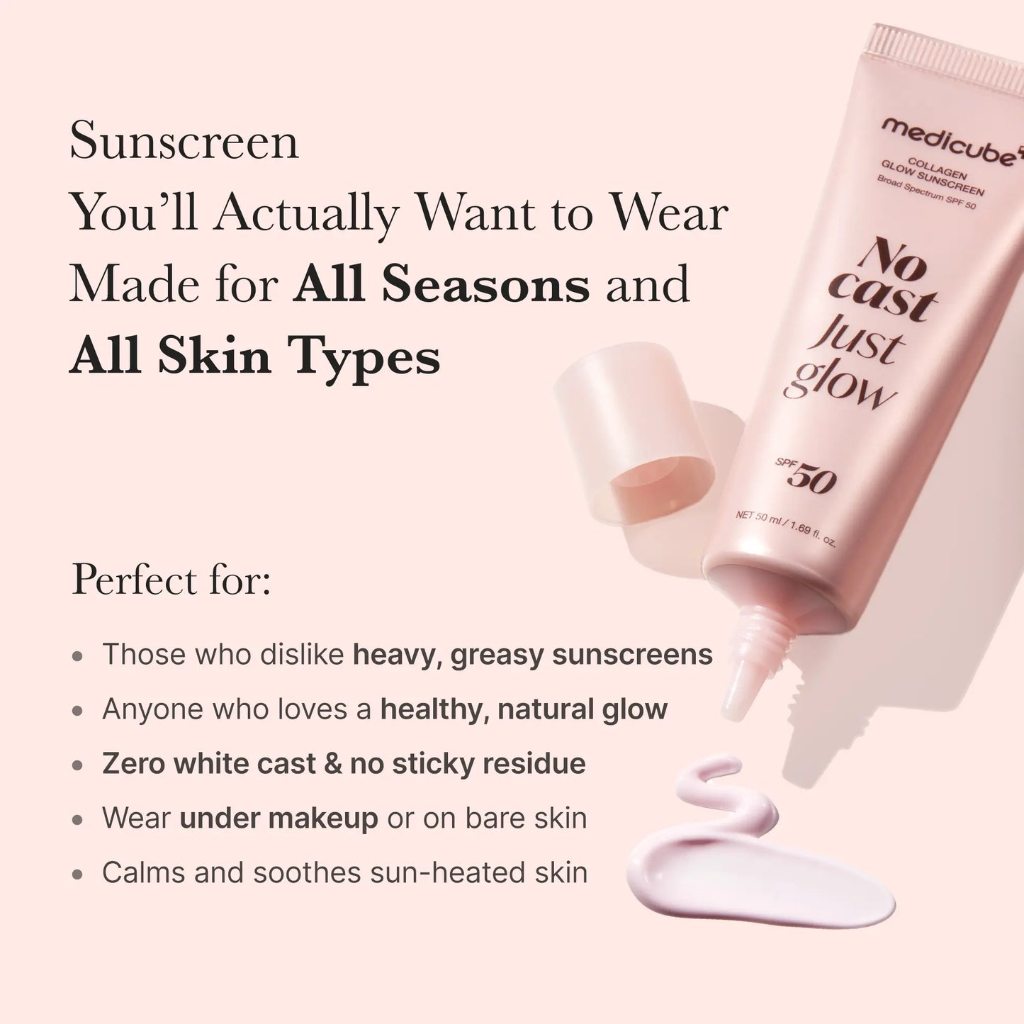 No Cast Just Glow Collagen Sunscreen | SPF 50 Broad Spectrum Face Sunscreen | Lightweight, Non-Sticky, Hydrating Formula | No White Cast or Residue | Peptide, Cica for Soothing & Natural Glow