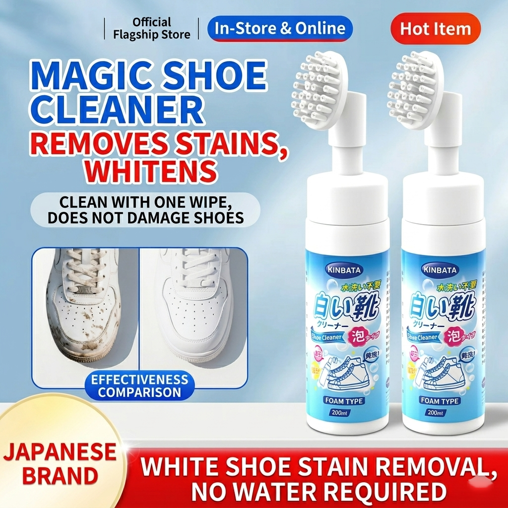 KINBATA White Shoe Cleaner Foam – No-Rinse Sneaker Cleaning Brush, Multi-Purpose Shoe Stain Remover for White Shoes