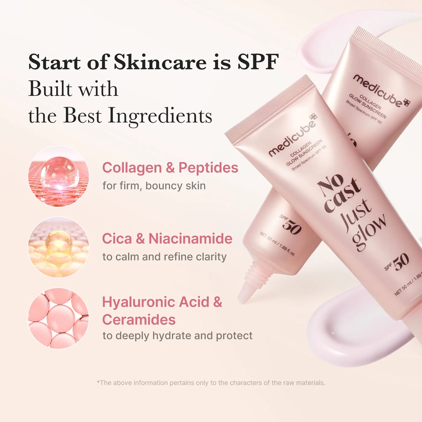 No Cast Just Glow Collagen Sunscreen | SPF 50 Broad Spectrum Face Sunscreen | Lightweight, Non-Sticky, Hydrating Formula | No White Cast or Residue | Peptide, Cica for Soothing & Natural Glow
