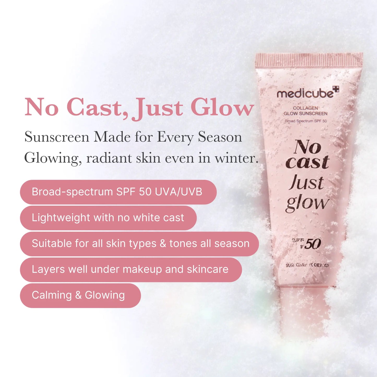 No Cast Just Glow Collagen Sunscreen | SPF 50 Broad Spectrum Face Sunscreen | Lightweight, Non-Sticky, Hydrating Formula | No White Cast or Residue | Peptide, Cica for Soothing & Natural Glow
